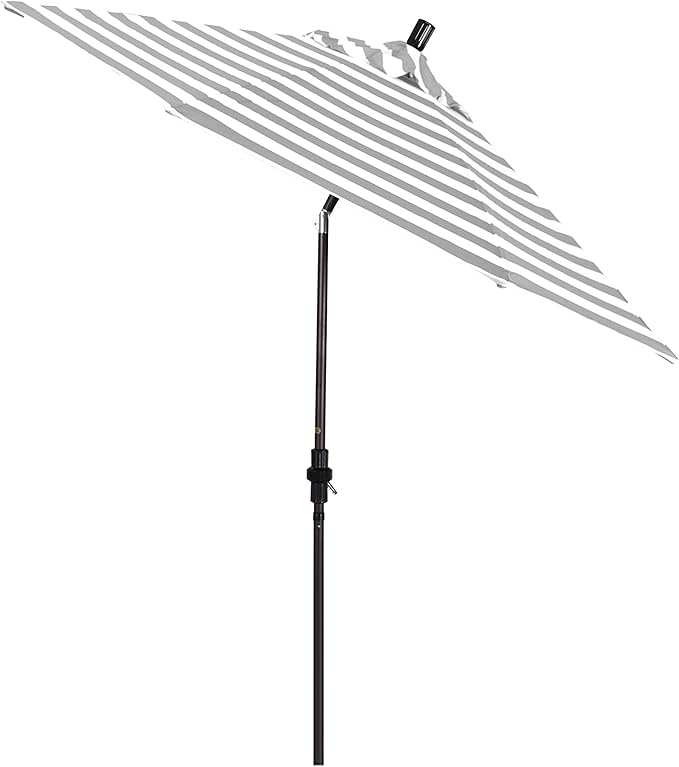 California Umbrella 9' Round Aluminum Patio Umbrella, Crank Lift, Collar Tilt, Bronze Pole, Gray/White Stripe