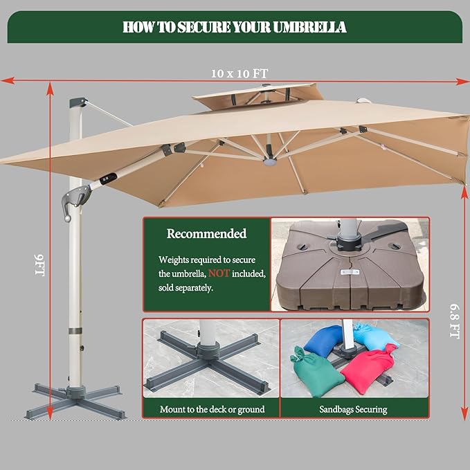 10x10 FT Square Cantilever Patio Umbrella with Solar LED Lights and Cross Base, 360° Rotation Large Heavy Duty Offset Outdoor Umbrella with Easy Tilt for Pool Backyard Deck Garden, Khaki