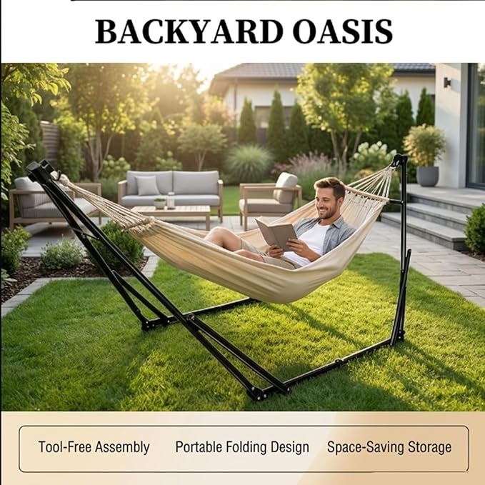 Rollover Prevention Outdoor Hammock with Stand,Portable Space Saving Heavy-Duty Steel Stand Canvas Hammock for Indoor Outdoor Patio Outdoor Camping on the Beach