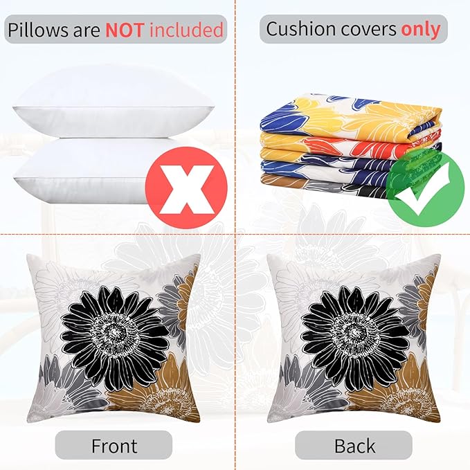 Outdoor Waterproof Floral Pillow Covers Brown Black Sunflower Throw Pillow Covers Summer Decorative 16x16 Set of 2 Square Garden Cushion Throw Pillowcase for Patio Furniture Garden Tent Balcony Bench