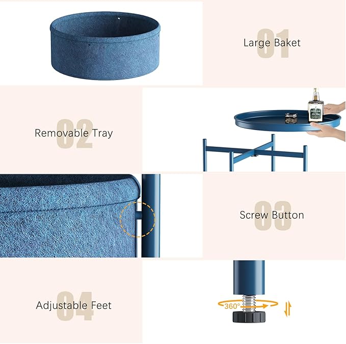 Garden 4 you Side Table with Fabric Storage Basket, Round Metal End Table, Small Bedside Table Nightstand with Removable Tray, for Nursery, Living Room, Bedroom, Bathroom, Blue