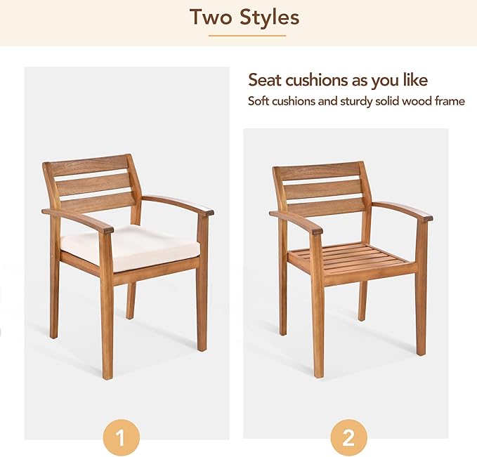 Outdoor Wood Dining Set for 7-8 Person, 7 Piece Outdoor Dining Table Set with Bench and Chairs, Acacia Wood Patio Dining Furniture with Removable Cushions, Adjustable Feet, Acacia wood Color
