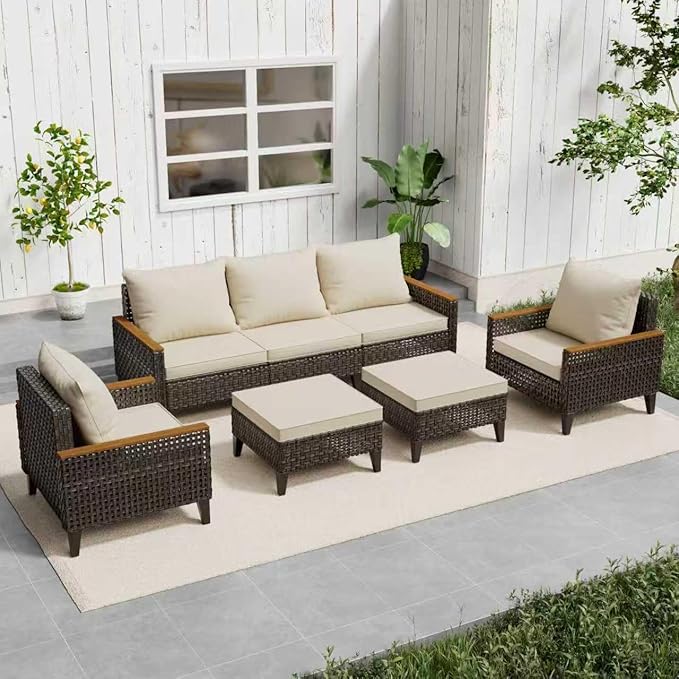 7 Piece Patio Sectional Sofa Furniture Set, All-Weather Wicker Rattan Outdoor Conversation Set with High Back and Thick Cushions, for Garden, Porch, Poolside, Beige