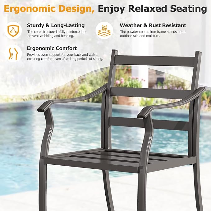 EROMMY 5-Piece Outdoor Patio Dining Set, 4 Metal Slat Chairs & Square Table with Umbrella Hole, All-Weather Patio Furniture for Backyard, Deck and Garden