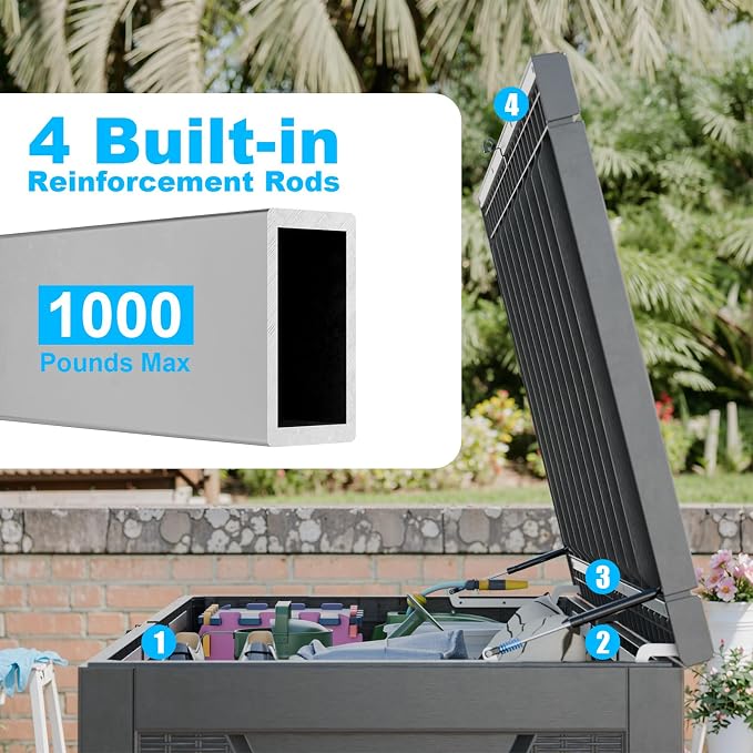 320 Gallon Outdoor Deck Box, Resin Waterproof Storage Box With Lockable Lid, UV-Resistant Multi-Purpose Outdoor Storage Bench for Patio Cushions, Garden Tools, Pool Accessories (Black)