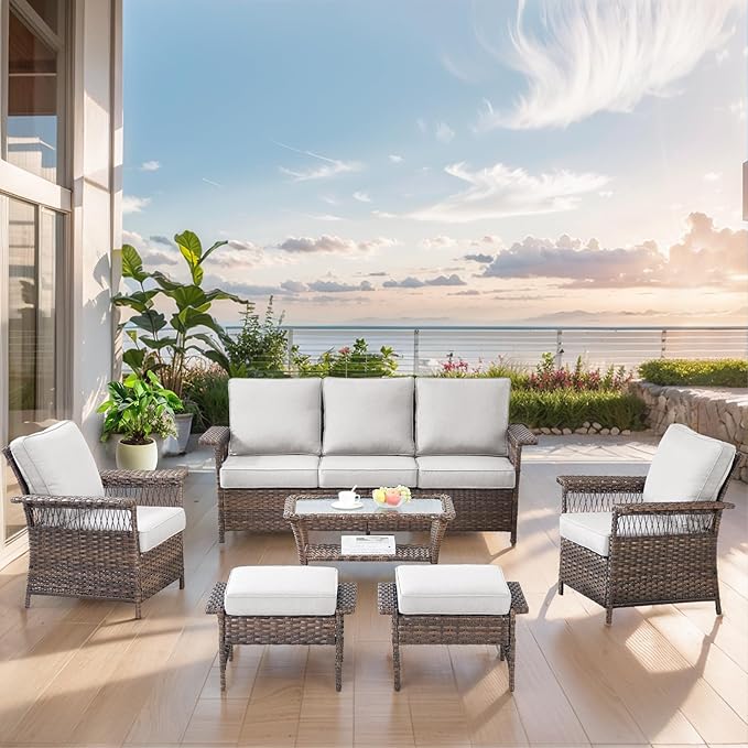 Outdoor Wicker Patio Furniture Set - 6 Piece Rattan Patio Conversation Sets with 2 Armrest Chairs,2 Ottomans,1 Sofa and 1 Coffee Table for Porch Deck Garden(Brown/Beige)