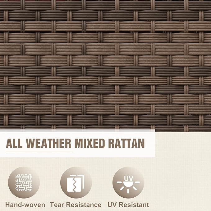 Modern Wicker Patio Furniture Set, Rattan Outdoor Conversation Set with Comfortable Cushions, 2 Patio Chairs, 3 Seat Couch and 2 Ottomans, 5 Pieces, Brown/Blue
