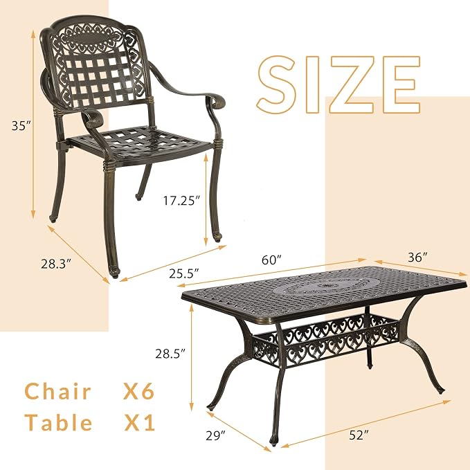 7-Piece Outdoor Patio Dining Set, 60” Rectangular Cast Aluminum Dining Table with Umbrella Hole and 6 Outdoor Dining Chairs, Patio Funiture Set for Backyard, Patio, Garden