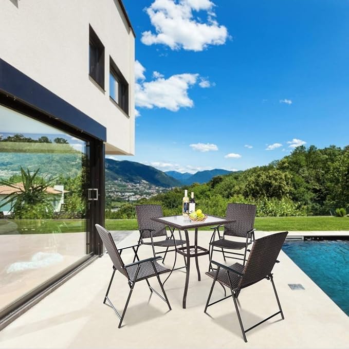 S AFSTAR 5 Pieces Patio Dining Set, 4 Folding Chairs with Table, Portable Wicker Chairs Furniture Set for Outdoor Garden Backyard (4 Chairs w/ 37''H Tall Square Table)