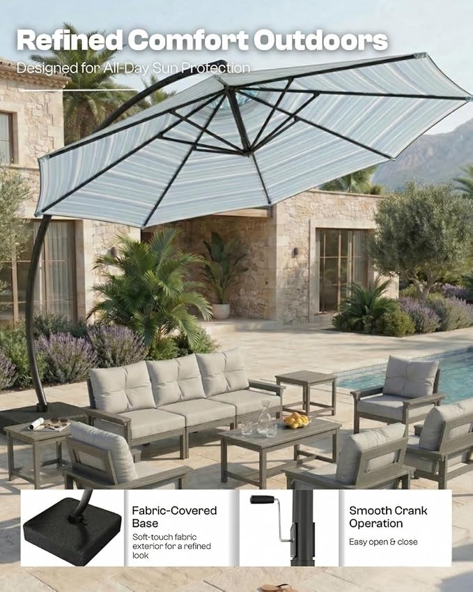 12 FT Cantilever Umbrella with Base Included, Large Round 360° Rotation Offset Umbrella Outdoor Patio, Heavy Duty Aluminum Frame, Sand-Weighted Stand, for Deck, Backyard, Pool, Garden (Blue and green stripes)