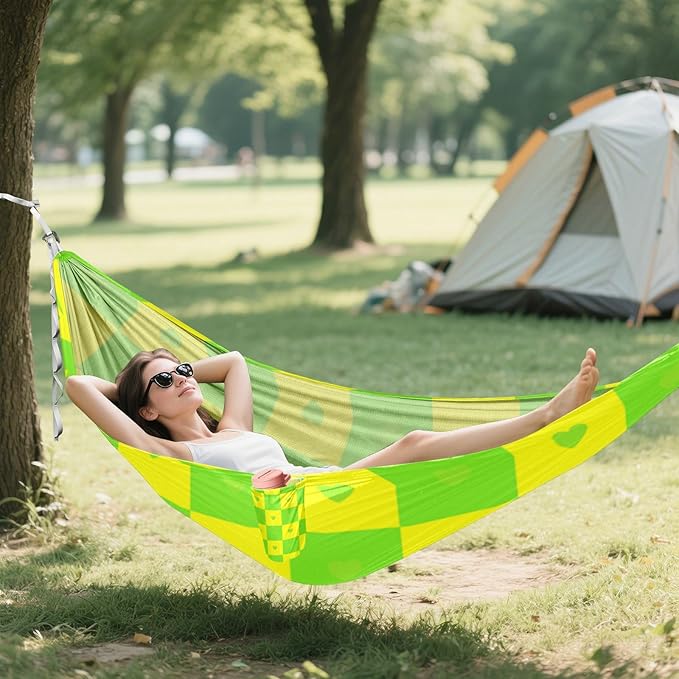 Buffalo Plaid Check Yellow Green Heart 330lb Capacity Outdoor Hammocks Rope Hammock for Indoor Outdoor Patio hamacas para Deck