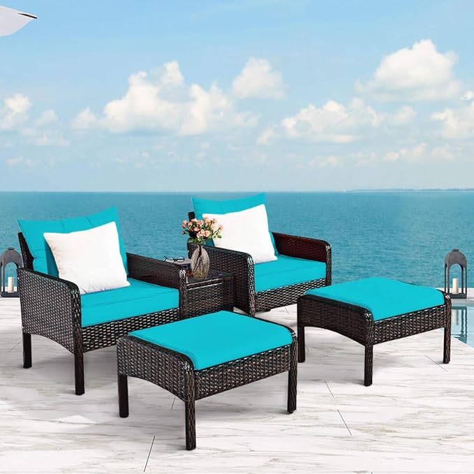 Tangkula 5 Pieces Wicker Patio Furniture Set, PE Rattan Outdoor All Weather Cushioned Sofas and Ottoman Set, 2-Person Outside Conversation Set for Lawn, Poolside, Yard, Balcony, Deck (Turquoise)