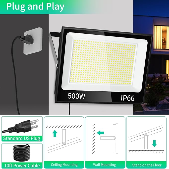 ISUERFY 500W LED Flood Light Outdoor with Plug+10ft Cable, 60000LM Ultra Brighter 5000K Exterior Security Light, IP66 Waterproof Commercial Lighting for Sports Fields Counts Arena Stadium(2 Pack)