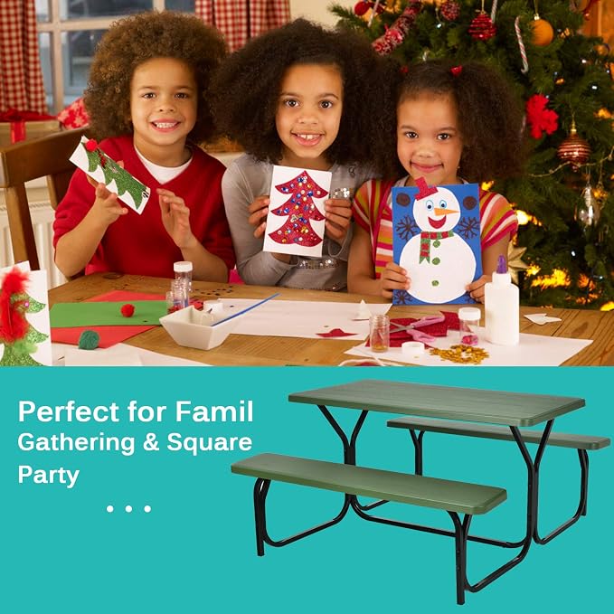 LDAILY Picnic Tables, Rectangular Picnic Table with Steel Frame, 2 Benches Set, HDPE Tabletop, Plastic Picnic Table for Outdoor, Camping, Patio, Lawn, Yard, Picnic Parties (Green)