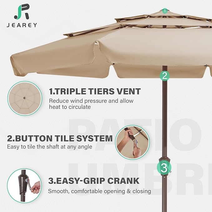 JEAREY 3 Tiers 9 FT Patio Umbrellas Outdoor Table Umbrella with Push Button Market Umbrella 8 Sturdy Ribs UV Protection Waterproof for Garden,Beige
