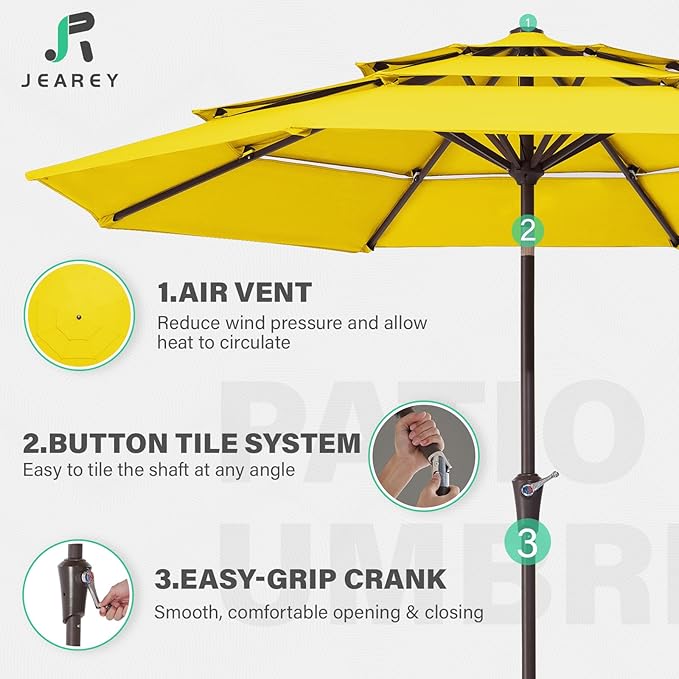 JEAREY 9FT 3 Tier Patio Umbrella Outdoor Market Umbrella Table Umbrellas with 8 Ribs 1.5 Pole Push Button Tilt and Crank UV Protection for Garden,Backyard,Yellow