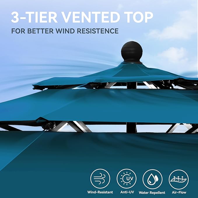 GREEN PARTY 10ft Outdoor Patio Umbrella, [Auto-Tilting] 3 Tiers Market Table Umbrellas with 1.5" Pole, 8 Sturdy Ribs, 3-Year-Non-Fading for Garden Deck Pool Backyard, Cerulean