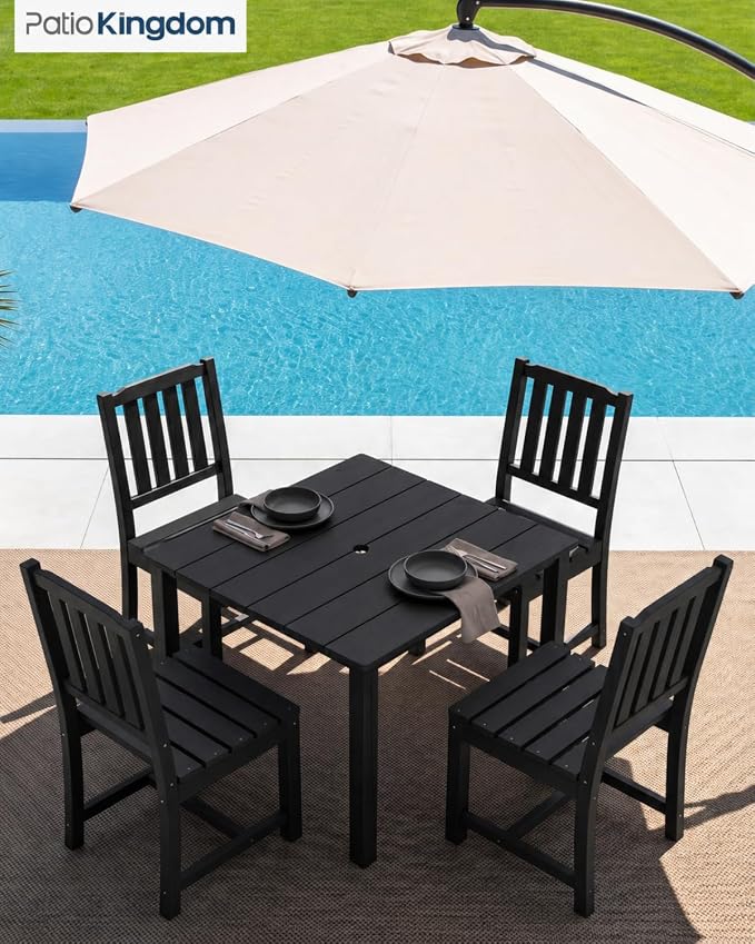 HDPE Outdoor Dining Set for 4, Square Table and Chairs, Black | All-Weather HDPE, Wood Grain Finish, 42.5" Square Table, Built-In Umbrella Hole, Seats 4, Patio & Poolside Ready