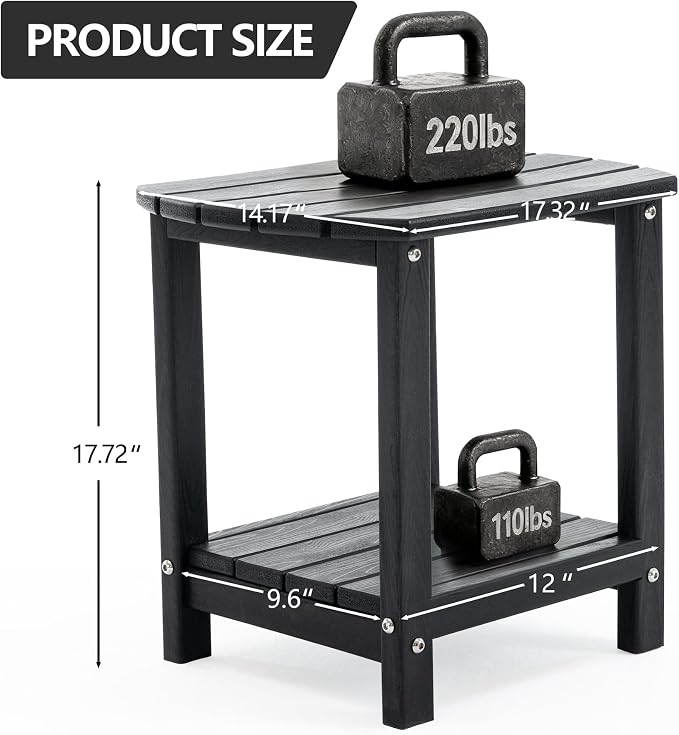 Adirondack Small Outdoor Side Table - Weatherproof HDPE Patio End Table with 2-Tier Storage for Firepit, Balcony, Garden, Poolside or Bathroom (Dark Black, Set of 2)