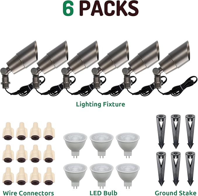 DOSHINE® Solid Brass Landscape LED Spotlights Outdoor Low Voltage Landscape Lighting AC/DC 12V Uplight Accent Light for Tree Garden Yard with Replaceable 5W 3000K Warm White 560LM MR16 Bulb (6-Pack)