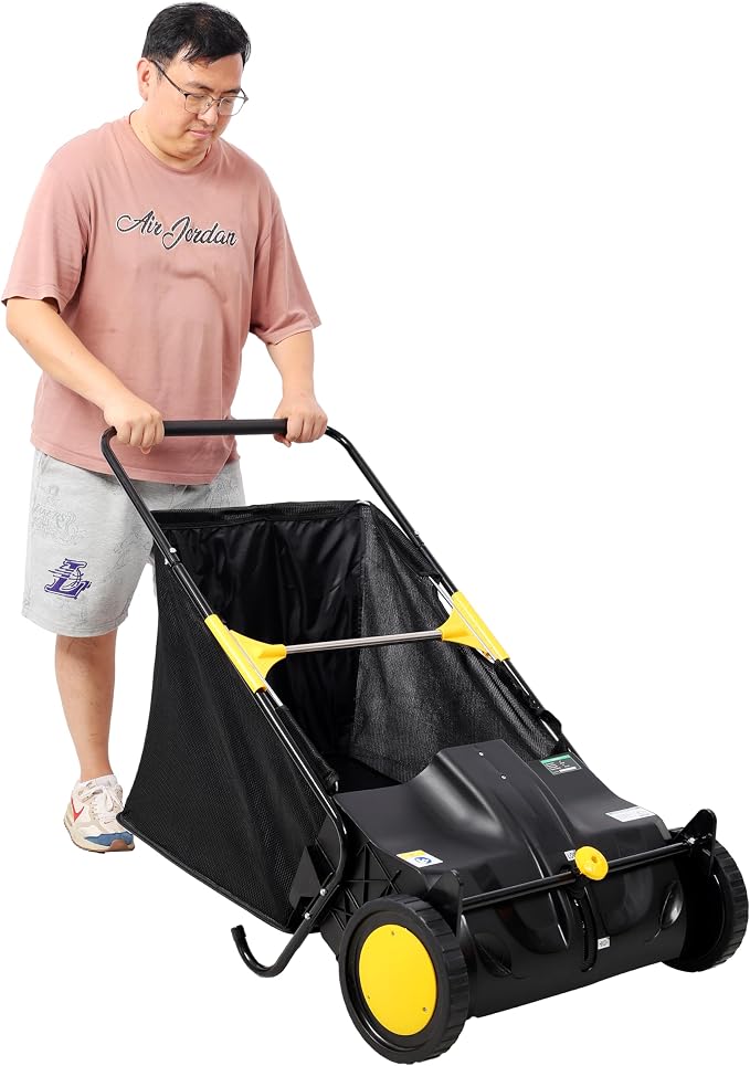 Push Lawn Sweeper, 21 in Leaf & Grass Collector with 3.5 cu. ft. Hopper Bag, Heavy Duty Yard Sweeper, Adjustable Spinning Brushes Height for Leaves Grass Cleanup