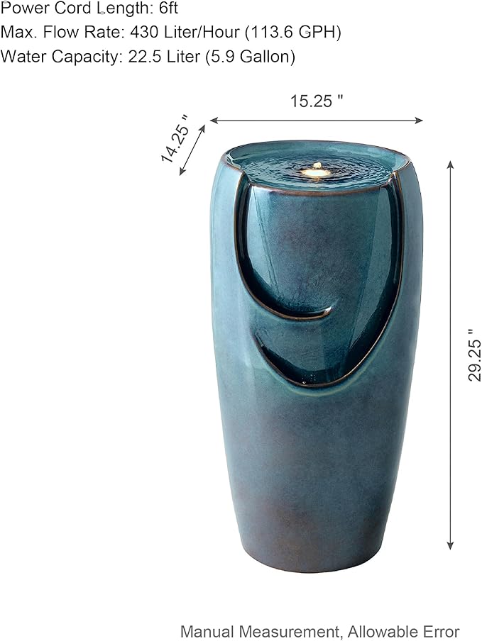 Glitzhome 29.25" Outdoor Garden Fountain Ceramic Jar Water Fountain with LED Lights and Pump Cascading Waterfall Vase Fountain for Patio Garden Yard Porch,Turquoise