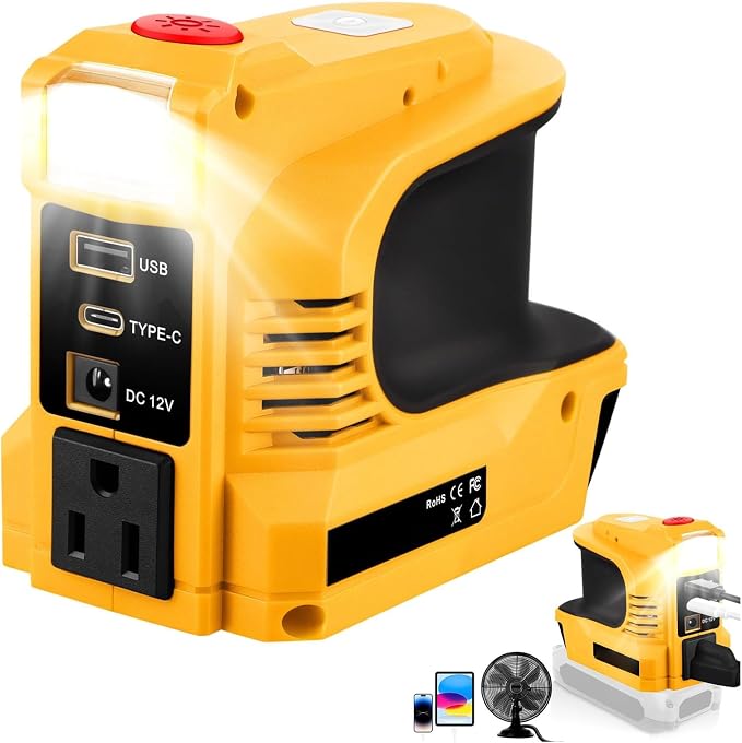 Portable Power Inverter 220W with LED Light AC Outlet 18W Fast Charging Compatible with 18V 20V Li-ion Batteries for Camping Emergency Outdoor Use (US Plug)