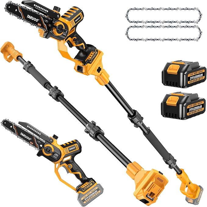 Takuoo 2-IN-1 8 Inch Electric Pole Saw, Mini Chainsaw Cordless with Extension Pole, 21V 2×4.0Ah Battery Powered Polesaw, 15FT Max Reach, Brushless Chain Saw for Limb Branch Cutter Tree Trimming