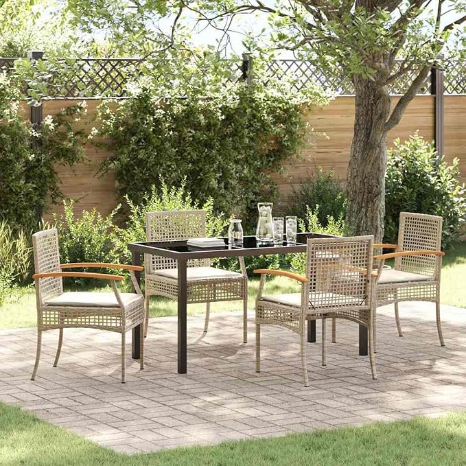 7-Piece Outdoor Dining Set, Garden Rattan Table with 6 Armchairs, Patio Furniture with Comfortable Cushions for Backyard, Deck, and Dining Area, Beige and Black