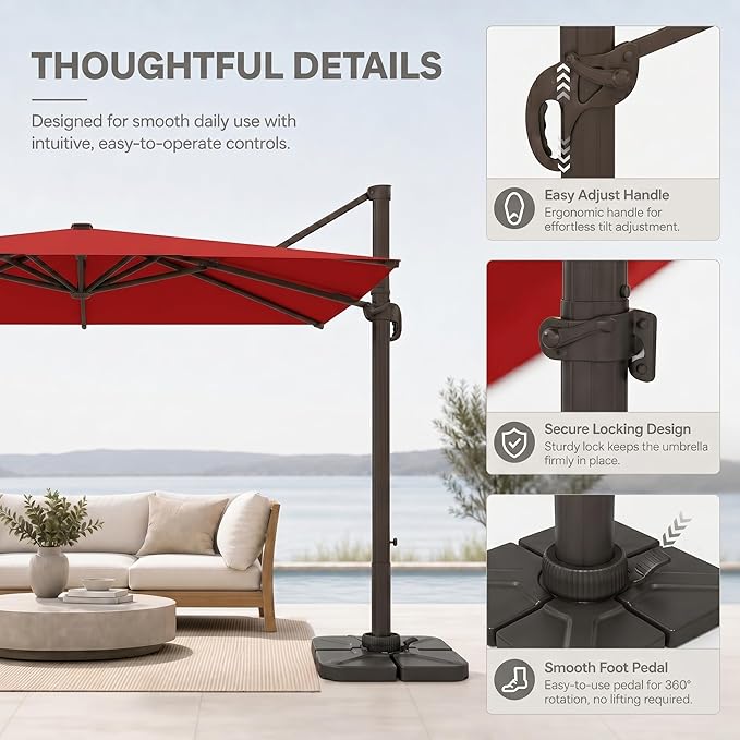 Cantilever Patio Umbrella, Large Square Outdoor Offset Umbrella with Aluminum Pole, 360-degree Rotation for Garden, Deck, Pool