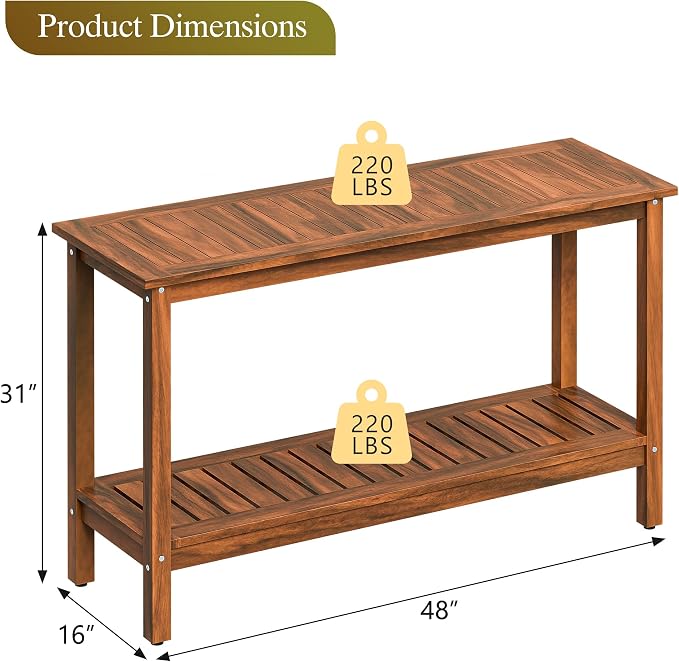 ZenStyle Solid Wood 48in 2-Shelf Console Table, Indoor Outdoor Accent Plant Table Storage Organizer w/Foot Sliders for Patio, Deck, Porch, Garden (Natural)