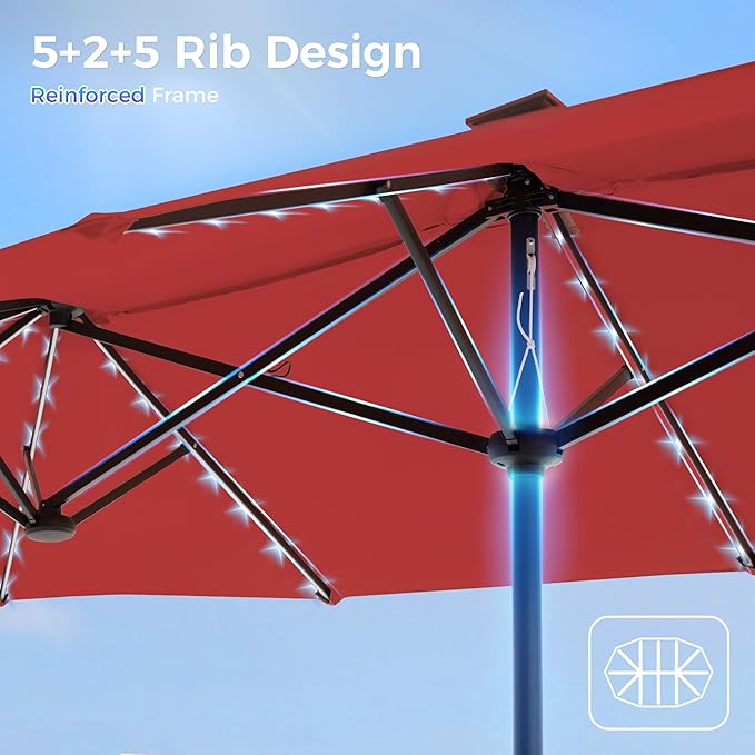 SUPERJARE 13ft Outdoor Patio Umbrella with Solar Lights, Double-sided Deck Pool Umbrella with 1.5 Inch Pole, Fade Resistant Canopy, 12 Sturdy Ribs, for Porch, Market, Backyard, Burgundy(No Base)