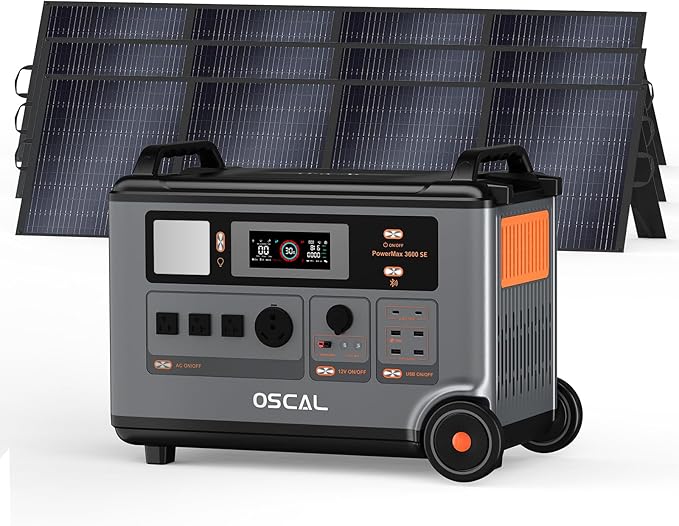 OSCAL Portable Power Station 3600Wh PowerMax 3600 SE With 3x200W Solar Panel, 3600W (Surge 7200W) Output, LiFePO4 Solar Generator for Home Use, Power Outage, Camping, RV, Emergencies