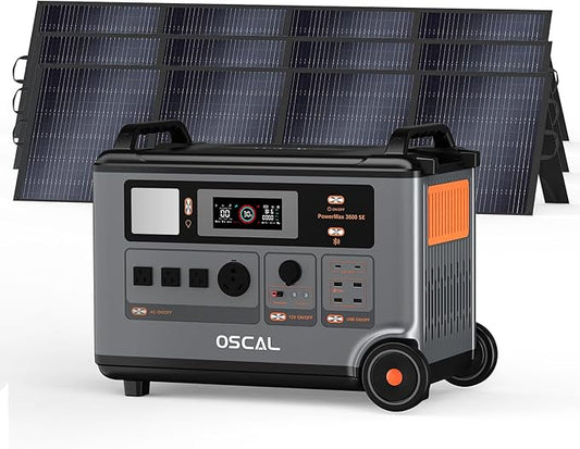 OSCAL Portable Power Station 3600Wh PowerMax 3600 SE With 3x200W Solar Panel, 3600W (Surge 7200W) Output, LiFePO4 Solar Generator for Home Use, Power Outage, Camping, RV, Emergencies