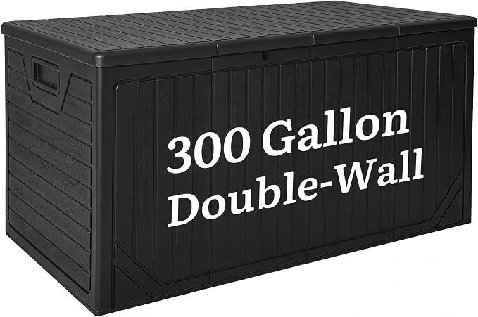 YITAHOME XXL 300 Gallon Extra Large Outdoor Deck Box, Lockable Resin Double-Wall Storage Box and Waterproof Patio Furniture Bin for Garden Tools & Pool Accessories, Black