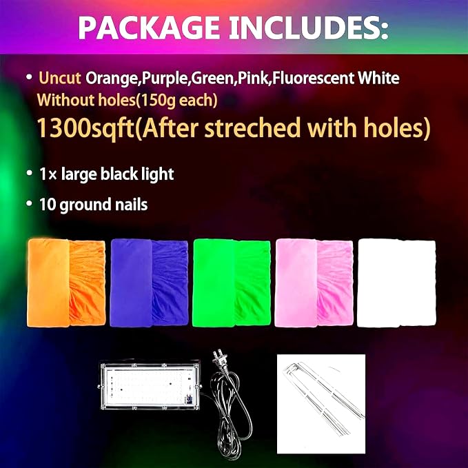 Glow in the dark 1300 Sqft 5 colors Uncut Giant Spider Web Cowebs Halloween Decorations Outdoor with 1 Black Light &10 Ground Nails Stretchy Beef Cloth Netting DIY Flexible for Yard Party Decor
