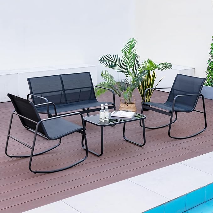 Tangkula 8 Piece Rocking Patio Furniture Set, 4 Rocking Chairs & 2 Loveseat with Glass-Top Table, Patio Rocking Set with Smooth Rocking Motion, Outdoor Rocker Conversation Set for Porch, Yard