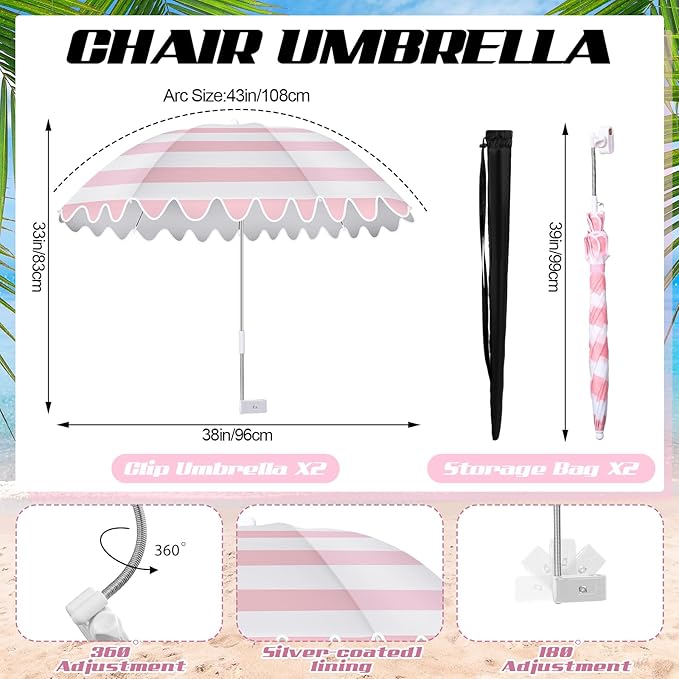 Abbylike 2 Pcs Scalloped Chair Umbrella with Universal Adjustable Clamp 38'' Portable Wheelchair Umbrella UPF 50+ Camping Chair Parasol with Bag for Outdoor Patio Lawn