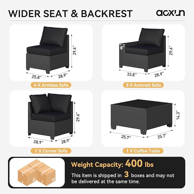 Aoxun Patio Furniture Set, 9 Pcs Outdoor Patio Furniture Sets with 4 in Thicken Cushion, Widen Armrests Wicker Outdoor Sectional for Backyard (Waterproof Cover Include)