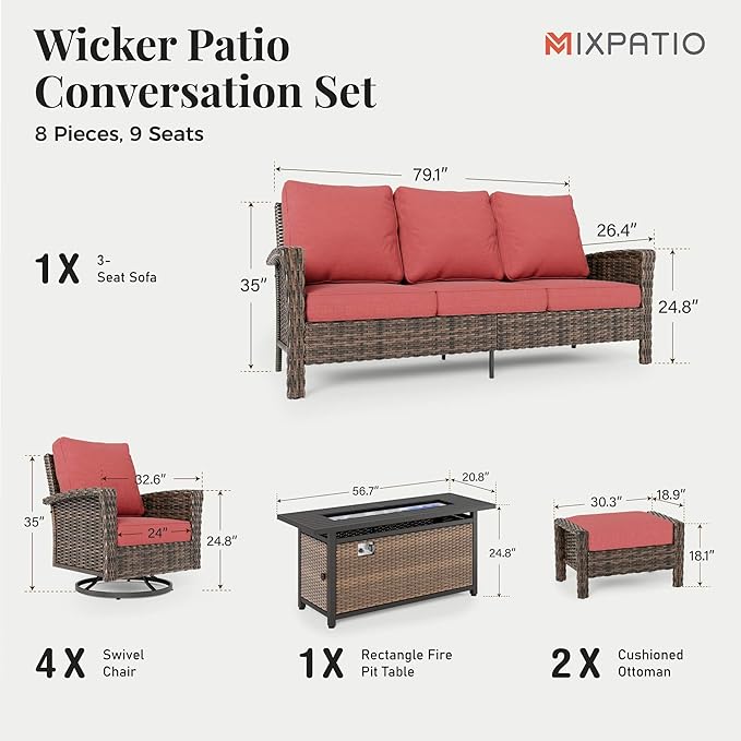 8-Piece Wicker Patio Furniture Set, Sectional Conversation Set with 2 x Swivel Chairs, 2 x Ottomans, 1 x 3-Seater Sofa, All-Weather Wicker Patio Conversation Set with 56" Fire Pit Table, Red
