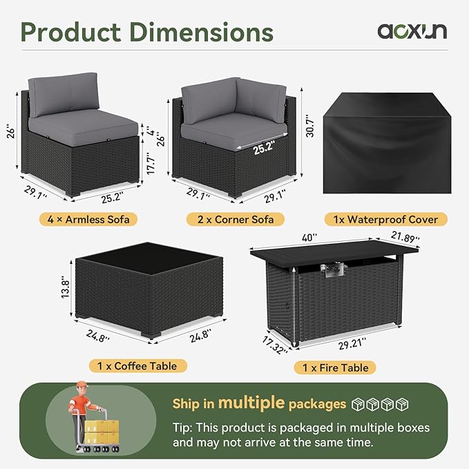 Aoxun 8 Piece Patio Furniture Set with 44” Fire Pit Table Wicker Rattan Patio Sectional Sofa Set Outdoor Seating Furniture with Thickened Cushion, Grey