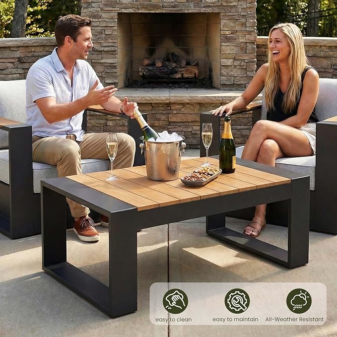LayinSun 4 Pieces Aluminum Patio Furniture Set with Coffee Table, Oversized Outdoor Conversation Set 5 Seats with 6" Thick Cushions for Outside Porch, Balcony, Deck