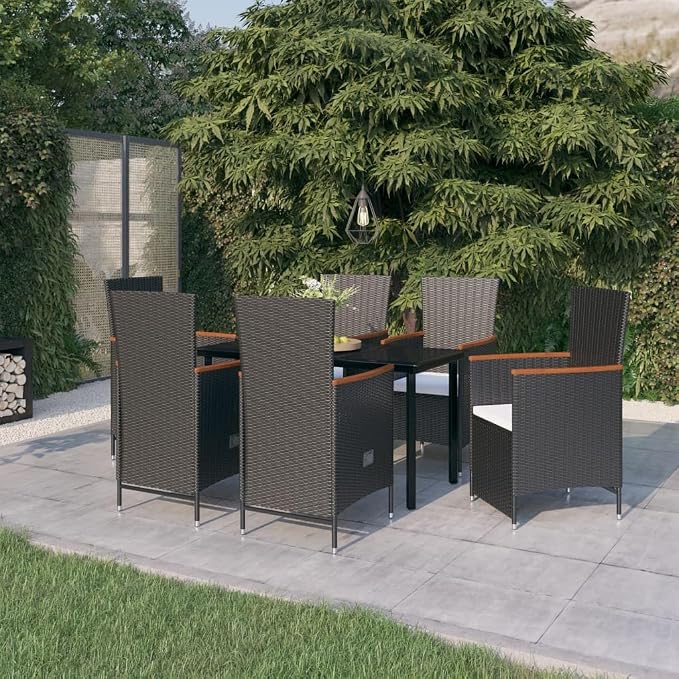 7 pcs Patio Dining Set Black PE Rattan Outdoor Furniture with Adjustable Garden Dining Set for Front Porch Lawn Backyard 55.1 x 27.6 x 29.1 in