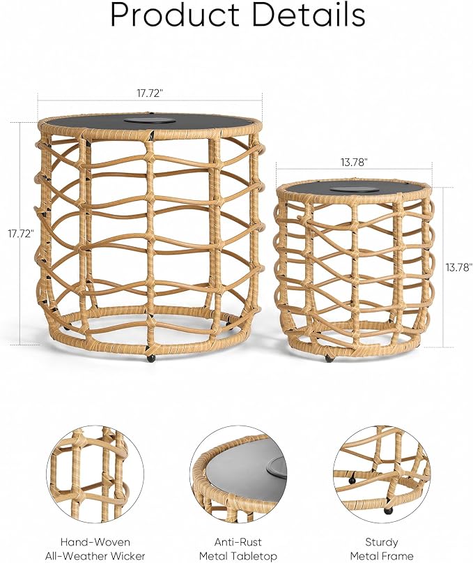 PARTPHONER Boho Solar Outdoor Side Table with Built-in Lights Set of 2, All-Weather Wicker Nesting Tables, Round Waterproof Accent End Table Design for Patio, Porch, Garden & Balcony, Natural Brown