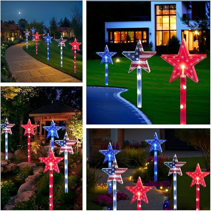 4th of July Decorations Outdoor Red White and Blue Pathway Lights, 6 Pack Flag Star Stake Lights for Independence Day Memorial Day Patriotic American Flag Decor Outside Landscape Garden Yard Lawn