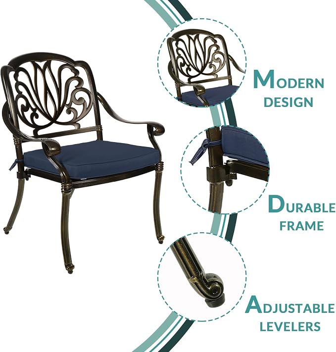 MEETWARM 3 Piece Patio Bistro Set, Outdoor All-Weather Cast Aluminum Dining Furniture Set Includes 2 Cushioned Chairs and a 31” Round Table with Umbrella Hole for Garden Deck, Navy Blue