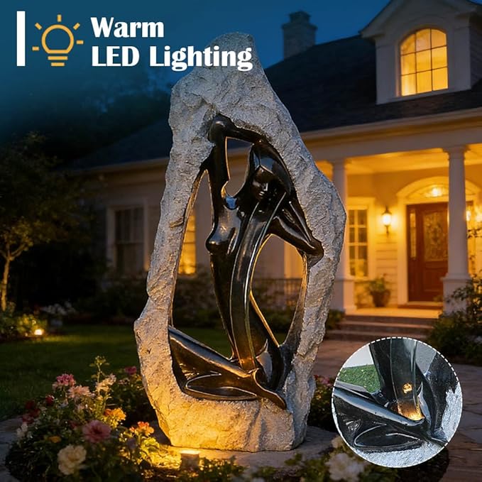41.7" H Outdoor Garden Fountain, Modern Curved Glass Flowing Design and LED Lights, Rock Shape with Meditative Lady to Relax, Water Feature Fountain for Backyard, Home, Office, Decor