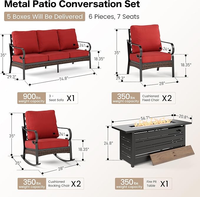 6 Piece Metal Outdoor Patio Furniture Sets with Firepit Table, Patio Conversation Sets 1 3-Seater Sofa, 2 Leg Sofa and 2 Rocking Chair with 5.75" Cushion for Backyard Deck, Rust Red
