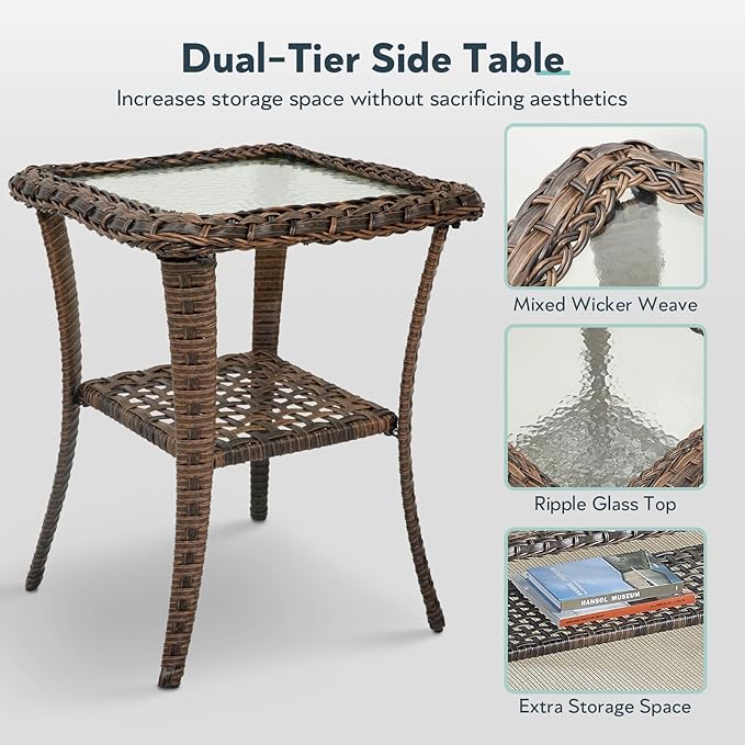 5 Pieces Wicker Patio Furniture Set - Hollow Widen Armrests Outdoor Swivel Glider Chairs with Side Table & Ottomans, Small Patio Conversation Set for Balcony Porch Deck and Yard - Brown/Gray