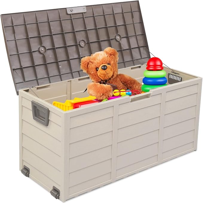 75gal 260L Outdoor Garden Plastic Storage Deck Box Chest Tools Cushions Toys Lockable Seat Brown